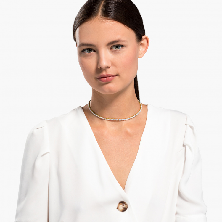 Tennis Deluxe Necklace, White, Gold-tone plated