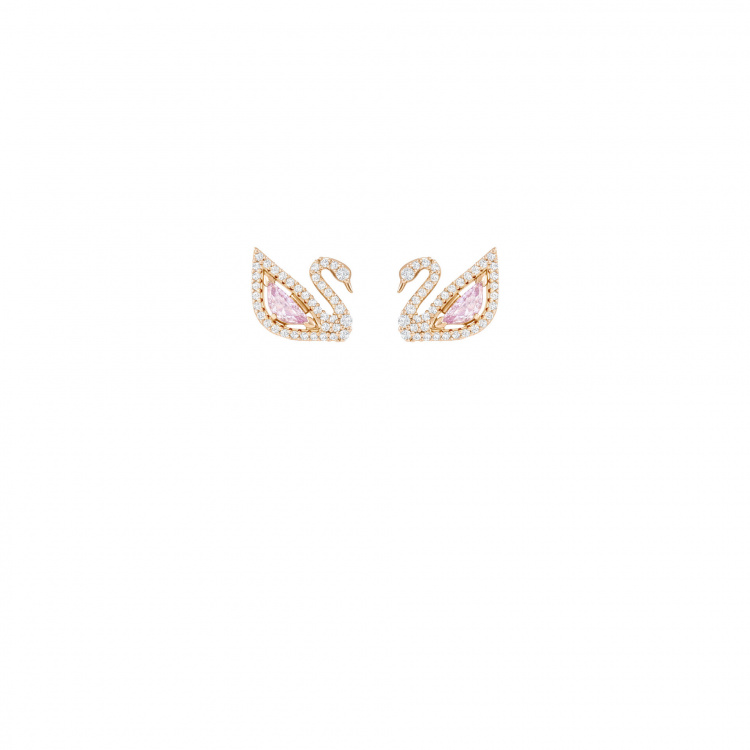 Dazzling Swan Pierced Earrings, Multi-colored, Rose-gold tone plated