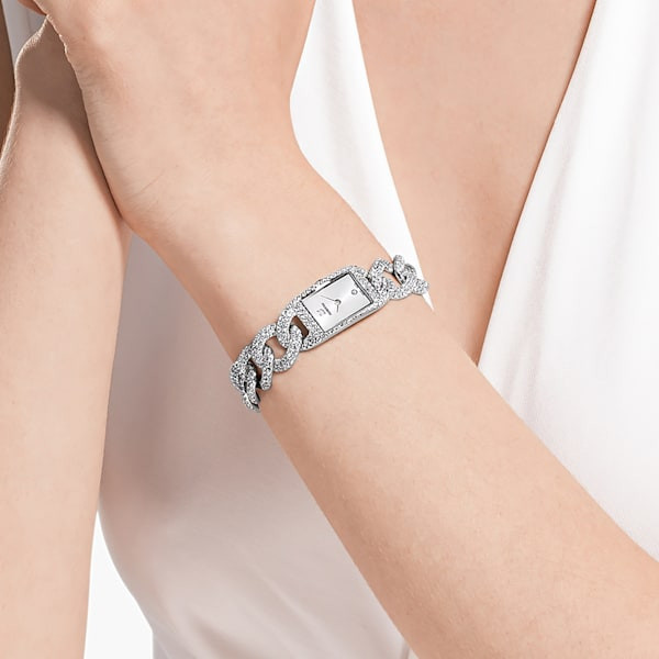 Cocktail Watch, Full Pav&eacute;, Metal bracelet, Silver tone, Stainless Steel