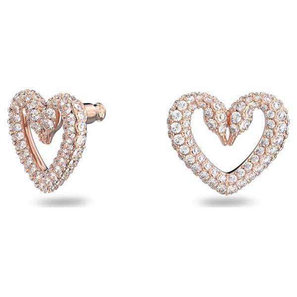 Una stud earrings, Heart, Small, White, Rose-gold tone