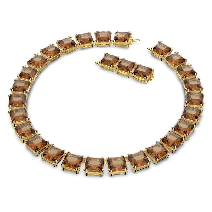 Millenia necklace, Square cut crystals, Yellow, Gold-tone