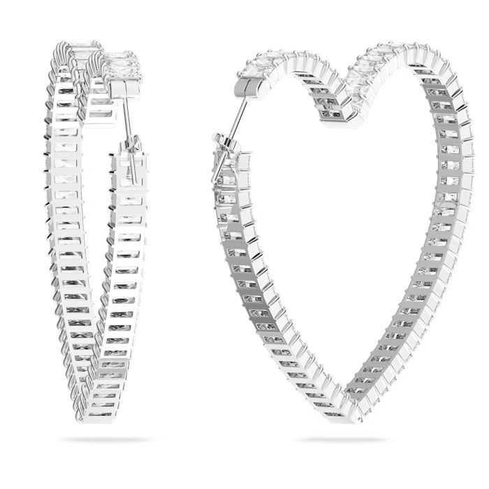 Matrix hoop earrings Heart, Large, White, Rhodium plated