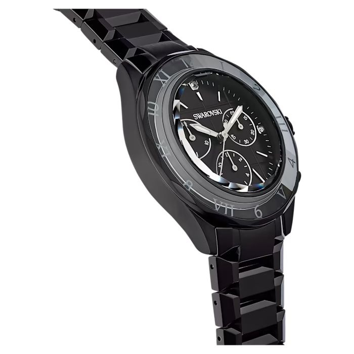 39mm watch Swiss Made, Metal bracelet, Black, Black finish