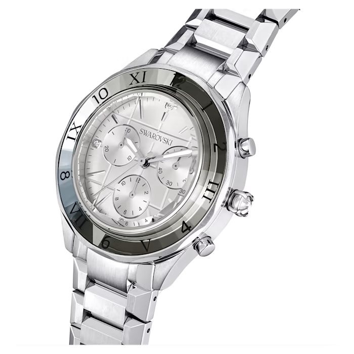 39mm watch Swiss Made, Metal bracelet, Silver tone, Stainless steel