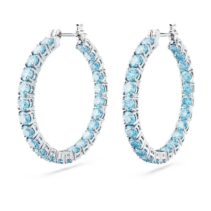 Matrix hoop earrings Round cut, Blue, Rhodium plated