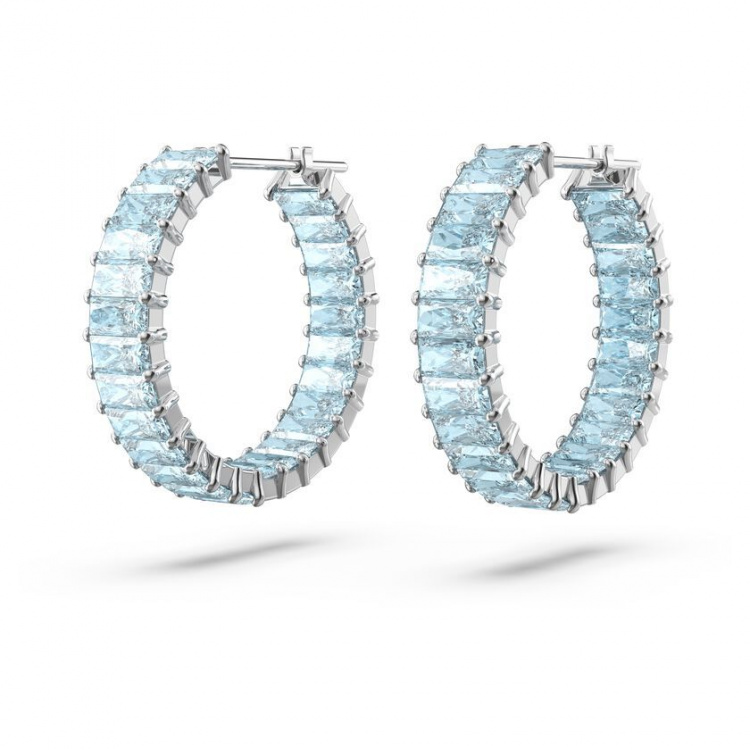 Matrix hoop earrings Baguette cut, Blue, Rhodium plated