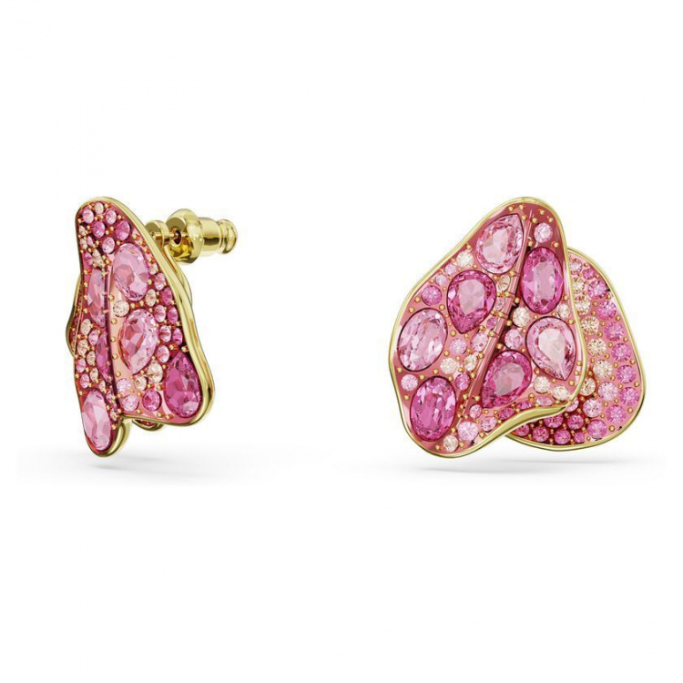 Florere stud earrings Asymmetrical design, Flower, Pink, Gold-tone plated