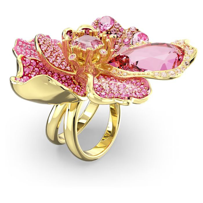 Idyllia cocktail ring Pavé, Flower, Pink, Gold-tone plated