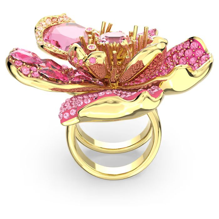 Idyllia cocktail ring Pavé, Flower, Pink, Gold-tone plated