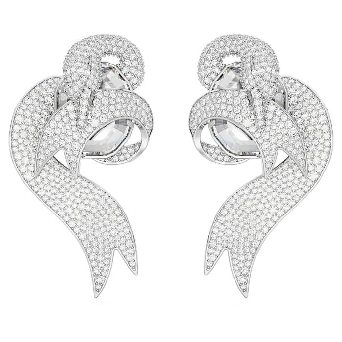 Fashion Swan clip earrings Asymmetrical design, Swan, White, Rhodium plated