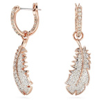 Nice drop earrings Feather, White, Rose gold-tone plated
