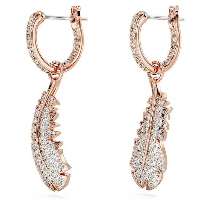 Nice drop earrings Feather, White, Rose gold-tone plated