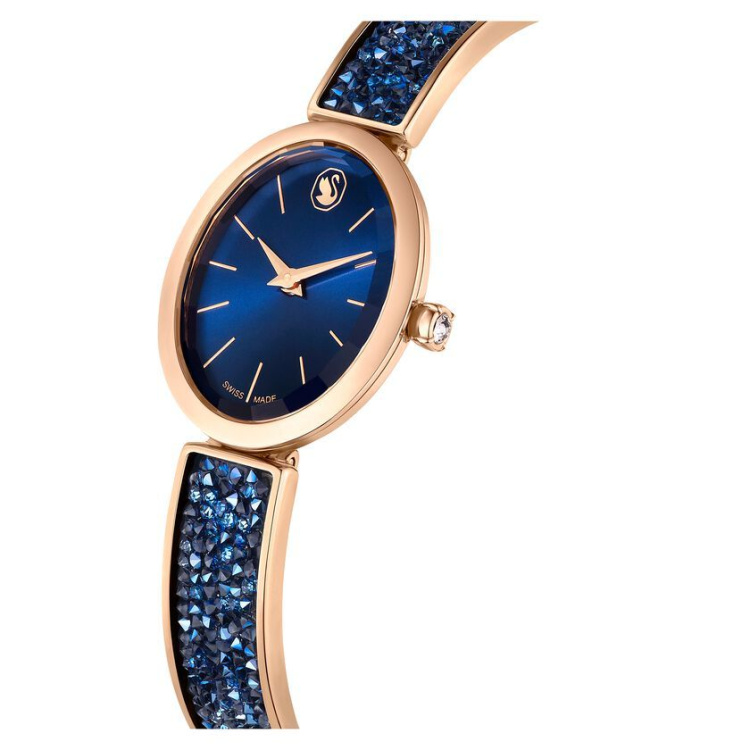 Crystal Rock Oval watch Swiss Made, Metal bracelet, Blue, Rose gold-tone finish