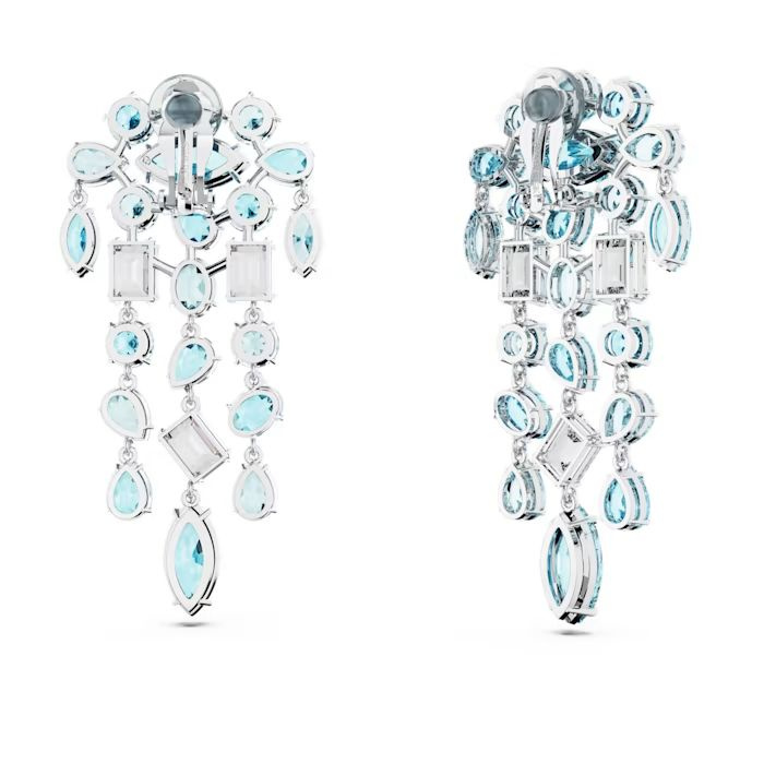 Gema clip earrings Mixed cuts, Chandelier, Extra long, Blue, Rhodium plated
