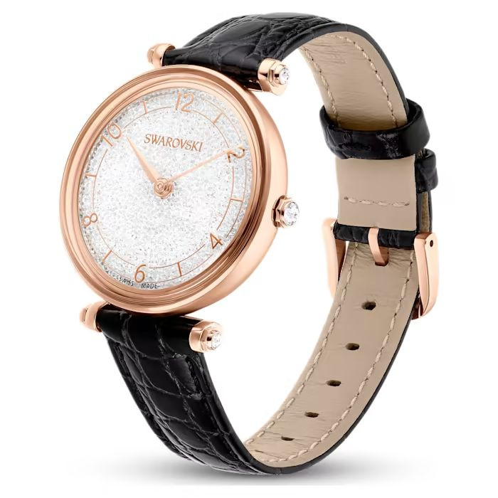 Crystalline Wonder watch Swiss Made, Leather strap, Black, Rose gold-tone finish