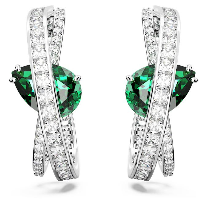 Hyperbola hoop earrings Carbon neutral zirconia, Mixed cuts, Green, Rhodium plated