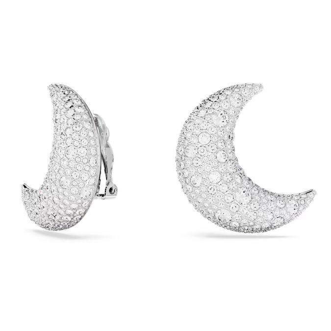 Luna clip earrings Moon, White, Rhodium plated