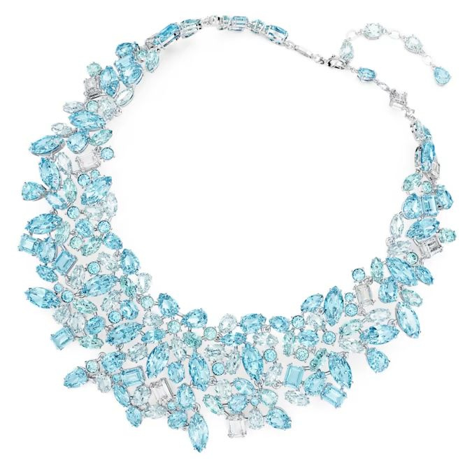Gema necklace Mixed cuts, Blue, Rhodium plated