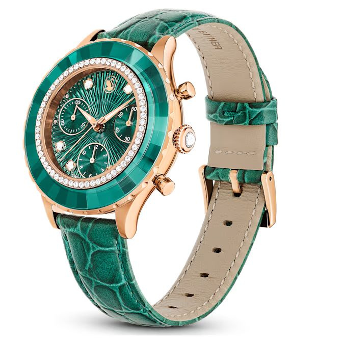 Octea Chrono watch Swiss Made, Leather strap, Green, Rose gold-tone finish