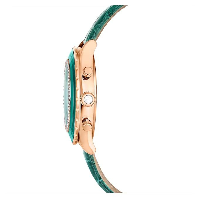 Octea Chrono watch Swiss Made, Leather strap, Green, Rose gold-tone finish