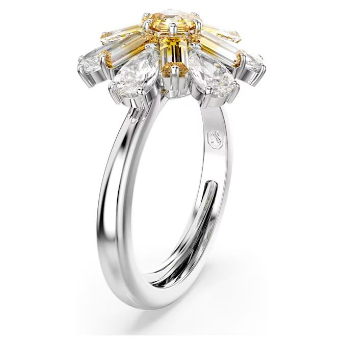 Idyllia cocktail ring Mixed cuts, Flower, Yellow, Rhodium plated
