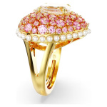 Hyperbola cocktail ring Octagon cut, Crystal pearls, Heart, Pink, Gold-tone plated