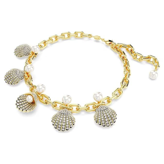 Idyllia necklace Crystal pearls, Shell, White, Gold-tone plated