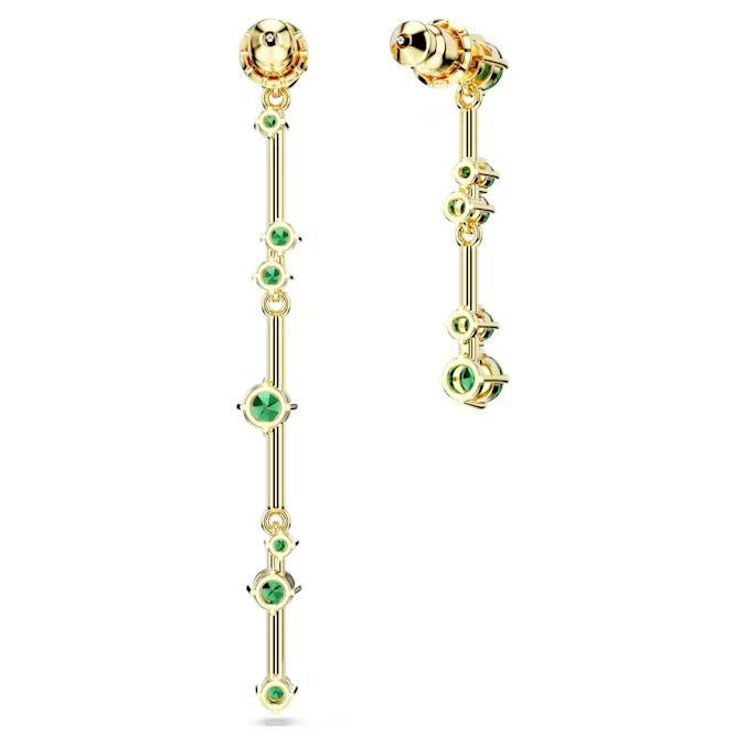 Constella drop earrings Asymmetrical design, Round cut, Green, Gold-tone plated