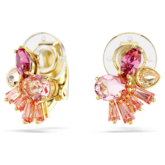 Gema clip earrings Mixed cuts, Flower, Pink, Gold-tone plated