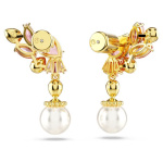 Gema drop earrings Mixed cuts, Crystal pearls, Flower, Pink, Gold-tone plated