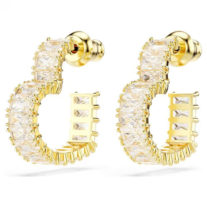 Matrix hoop earrings Baguette cut, Heart, Small, White, Gold-tone plated