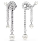 Matrix drop earrings Crystal pearl, Round cut, White, Rhodium plated