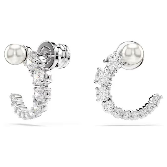 Matrix hoop earrings Crystal pearl, Round cut, White, Rhodium plated