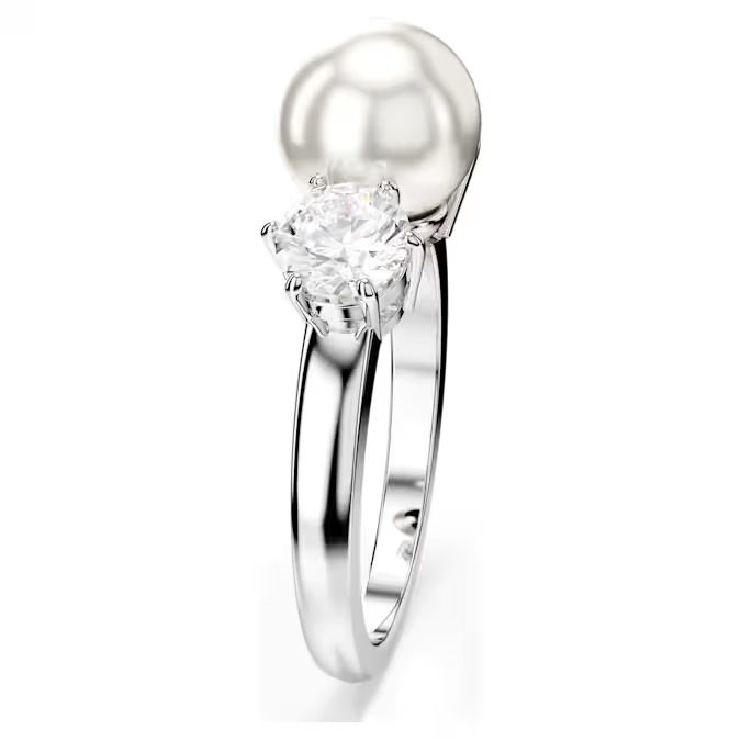 Matrix ring Crystal pearl, Round cut, White, Rhodium plated