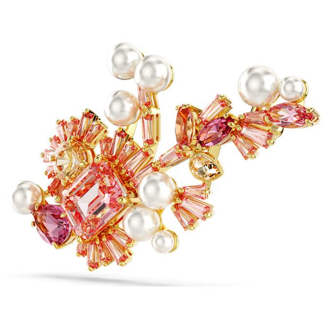 Gema brooch Mixed cuts, Flower, Pink, Gold-tone plated