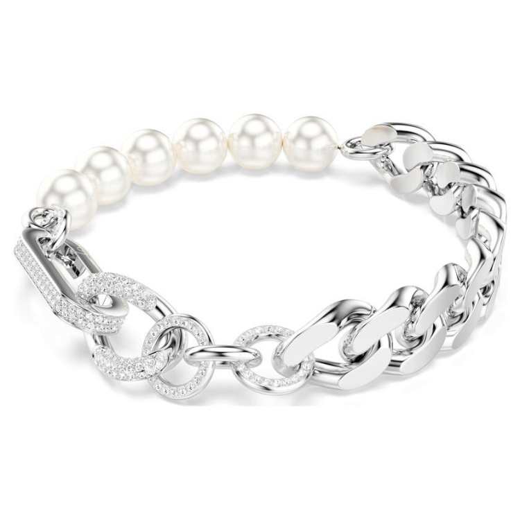 Dextera bracelet Crystal pearl, Mixed links, White, Rhodium plated