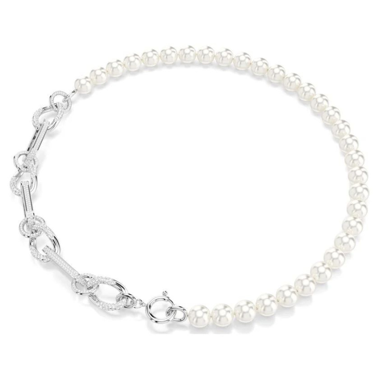 Dextera necklace Crystal pearl, Mixed links, White, Rhodium plated