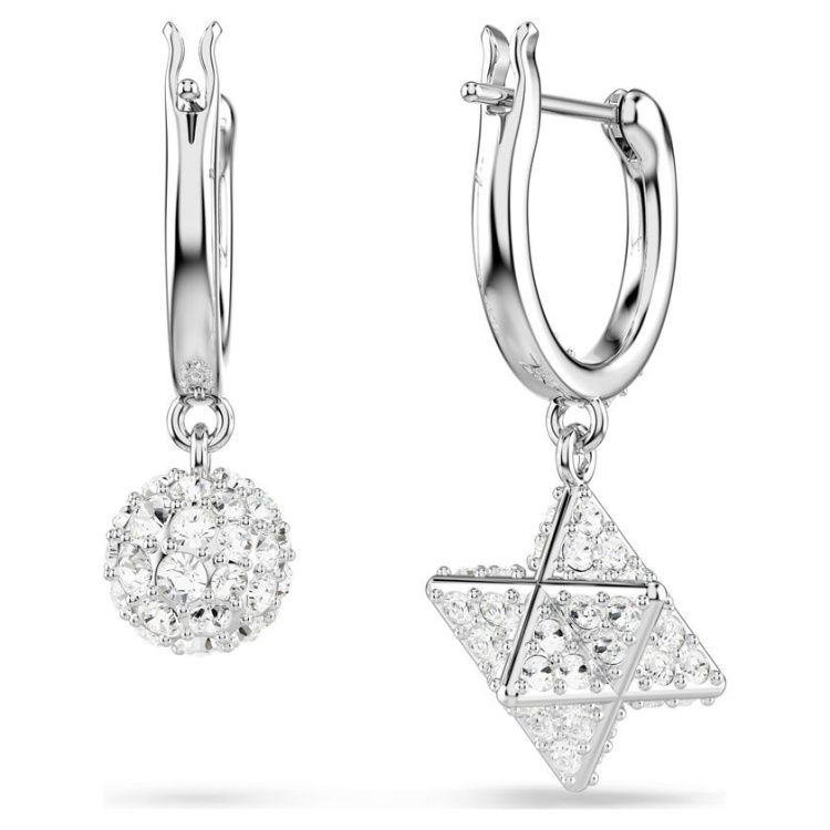 Dextera drop earrings Asymmetrical design, Round cut, Star and sphere, White, Rhodium plated