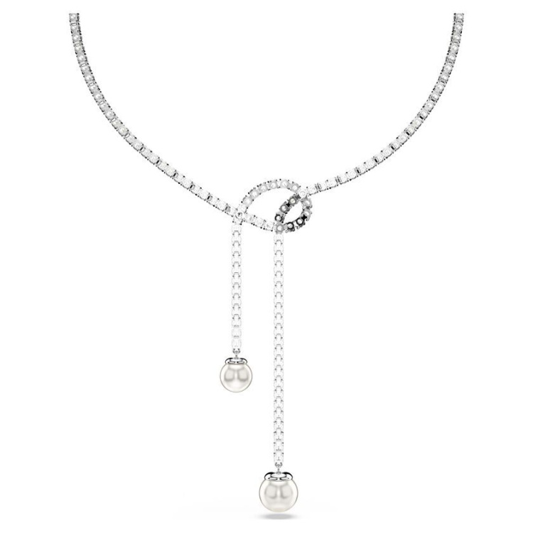 Matrix Y necklace Crystal pearl, Round cut, White, Rhodium plated