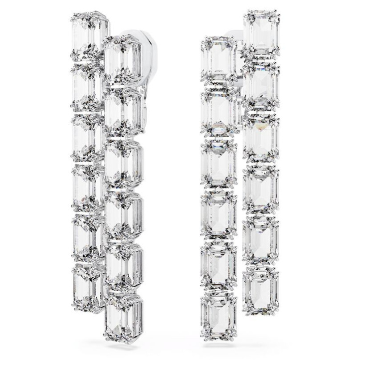 Millenia clip earrings Octagon cut, Long, White, Rhodium plated