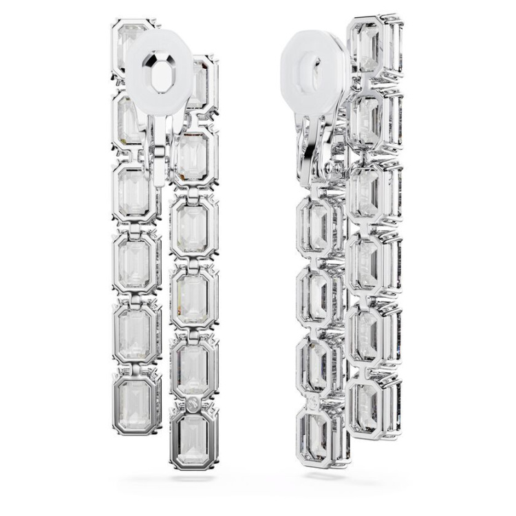 Millenia clip earrings Octagon cut, Long, White, Rhodium plated