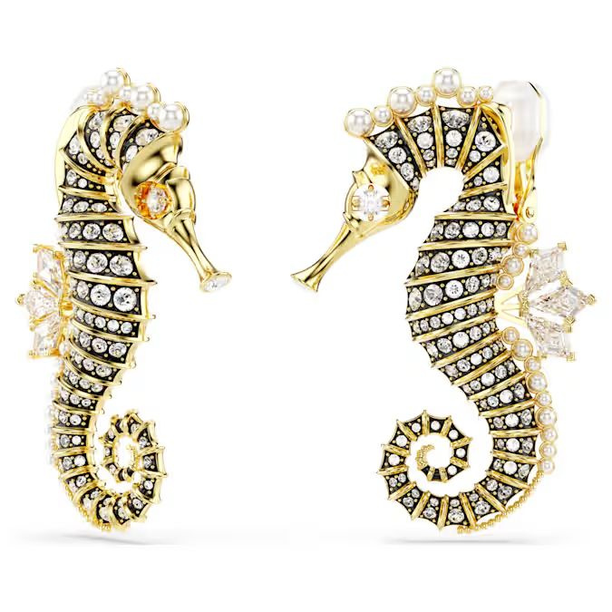 Idyllia clip earrings Crystal pearl, Seahorse, White, Gold-tone plated