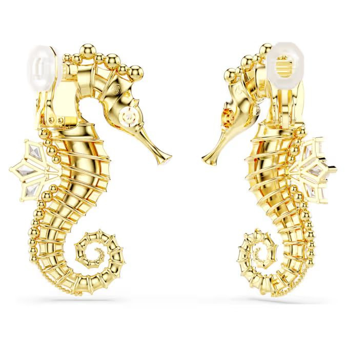 Idyllia clip earrings Crystal pearl, Seahorse, White, Gold-tone plated