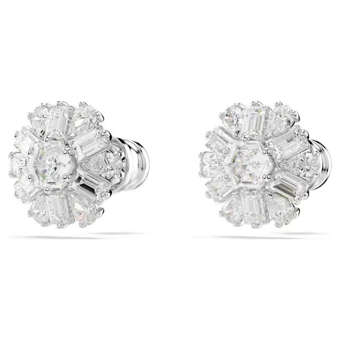 Idyllia stud earrings Mixed cuts, Snowflake, White, Rhodium plated