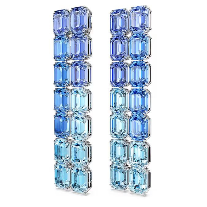 Millenia clip earrings Octagon cut, Color gradient, Long, Blue, Rhodium plated