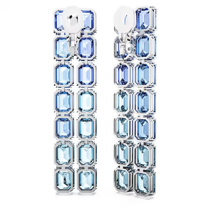 Millenia clip earrings Octagon cut, Color gradient, Long, Blue, Rhodium plated