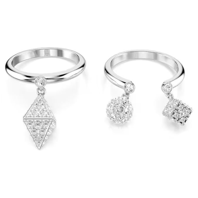 Dextera ring Set (2), Sphere and cube, White, Rhodium plated