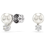 Matrix stud earrings Crystal pearl, Round cut, White, Rhodium plated