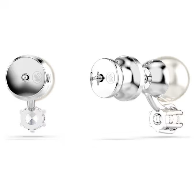 Matrix stud earrings Crystal pearl, Round cut, White, Rhodium plated