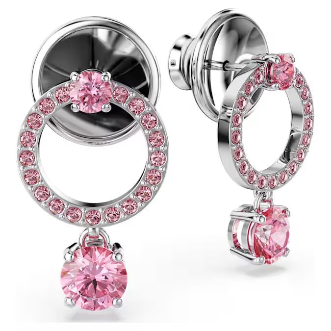 Attract drop earrings Round cut, Pink, Rhodium plated